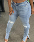 Light Blue Ripped Side-slit Jeans