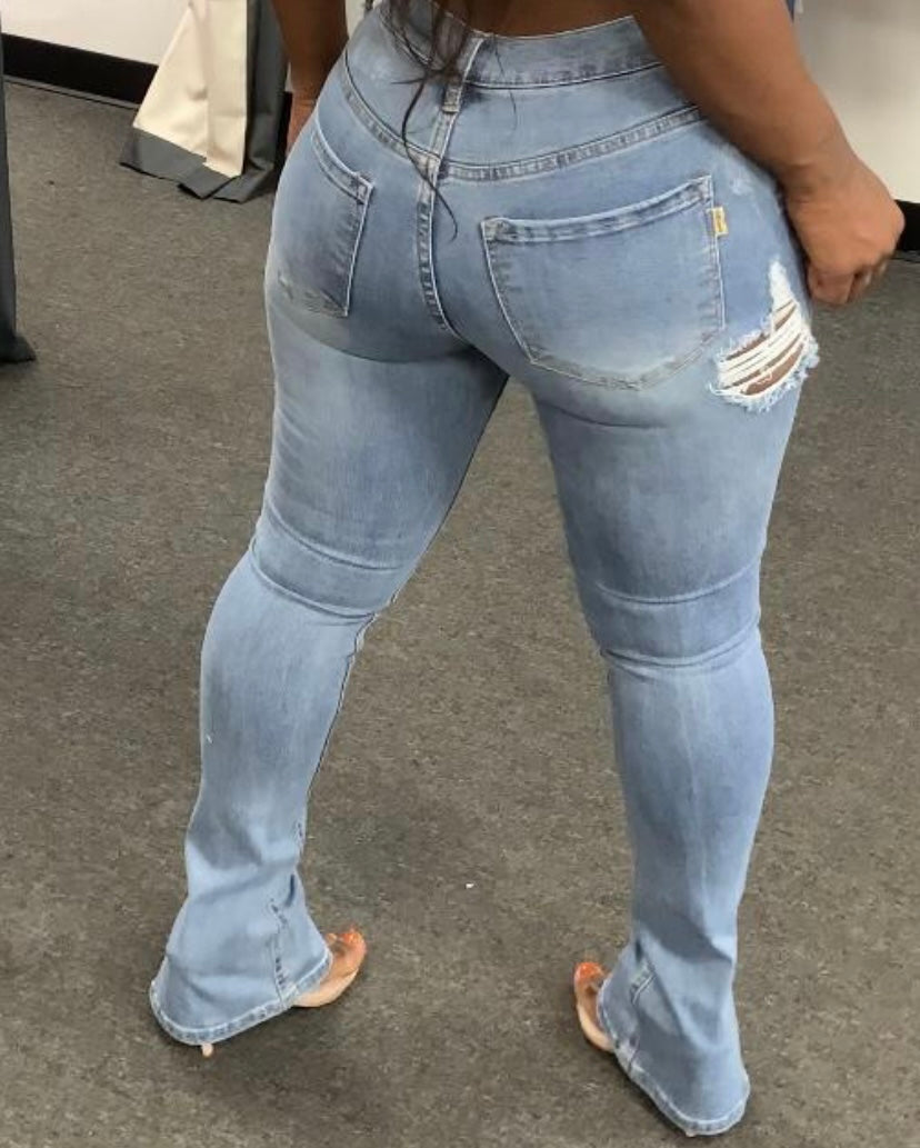 Light Blue Ripped Side-slit Jeans