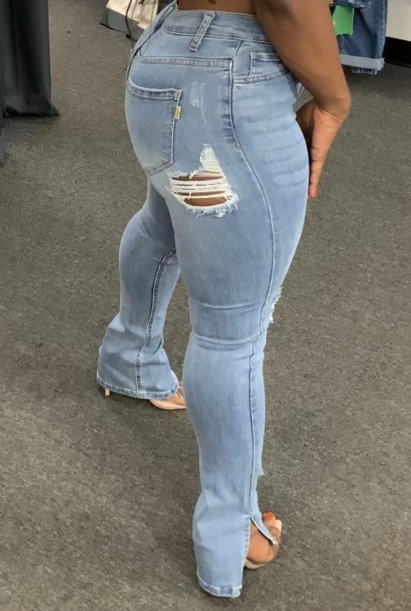 Light Blue Ripped Side-slit Jeans