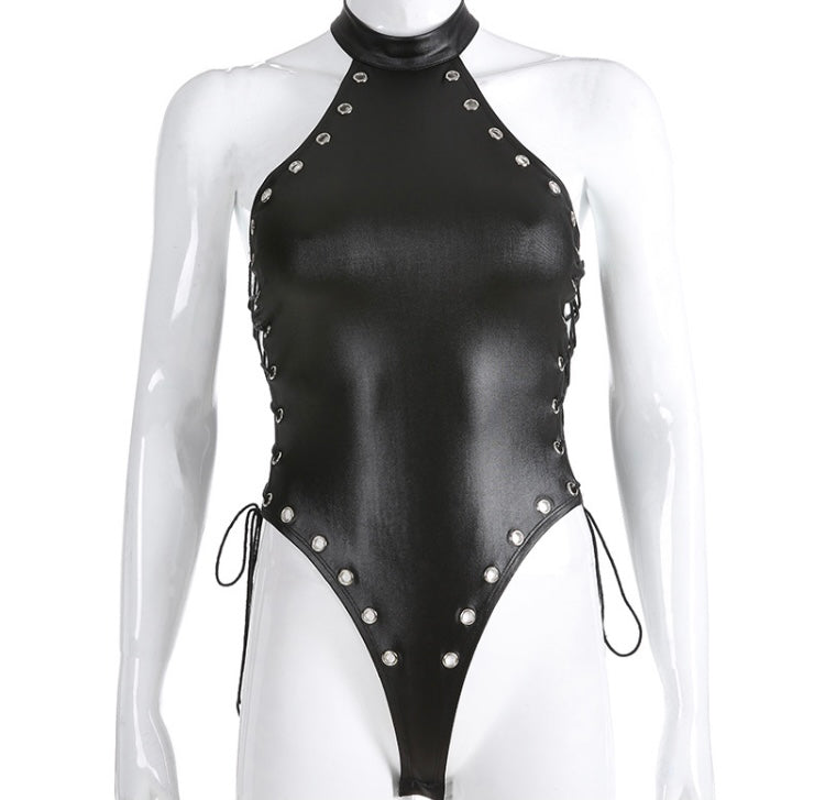 (Custom Product) Black leather sleeveless bodysuit with strap around neck